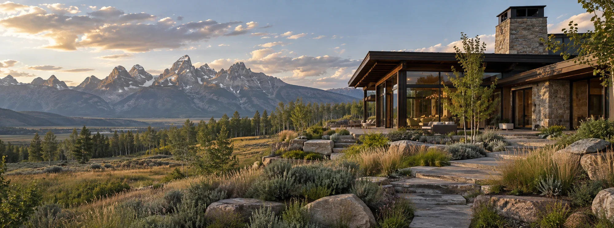 Illustrative mountain home with stone terraces and naturalistic planting